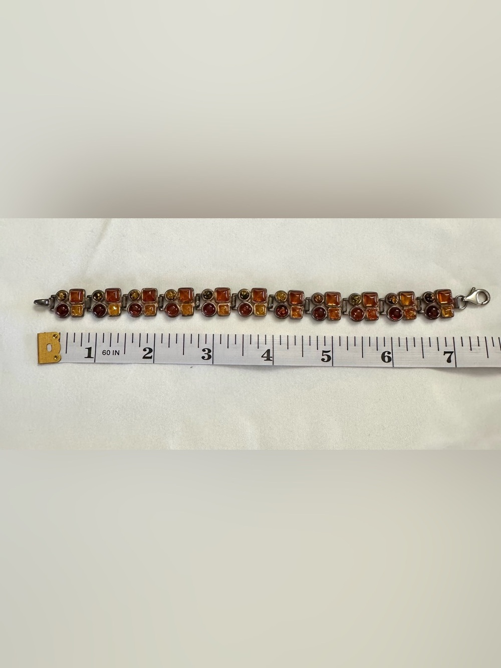 925 Sterling Silver Baltic Amber Geometric Link Bracelet 7.25” - Picture 6 of 6